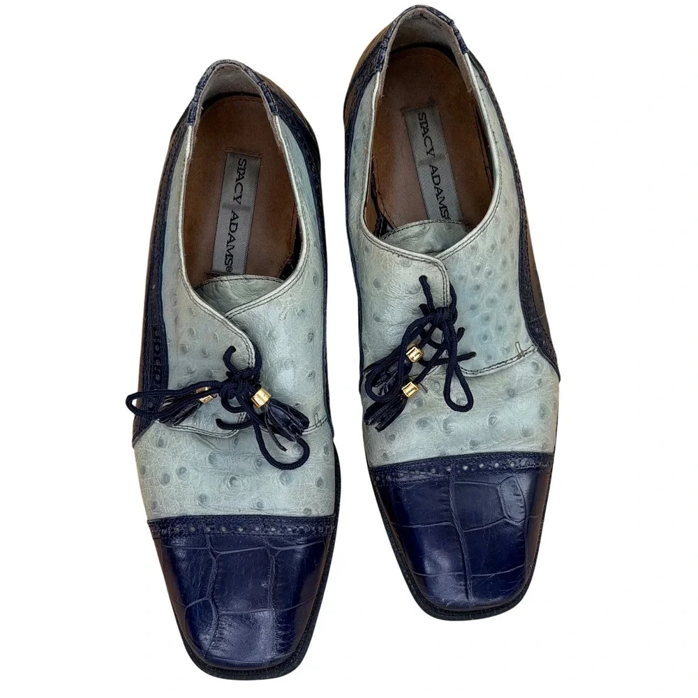 VTG Stacy Adams Mens Cap Toe Oxford Shoes Sz 10M Blue Ostrich Alligator Embossed